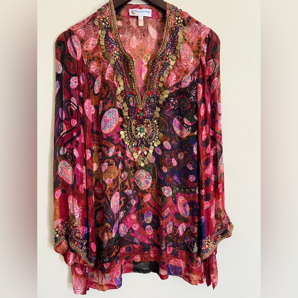 💕Manisha Patel Designs Embellished Boho Paisley Sheer Tunic Top – Size L